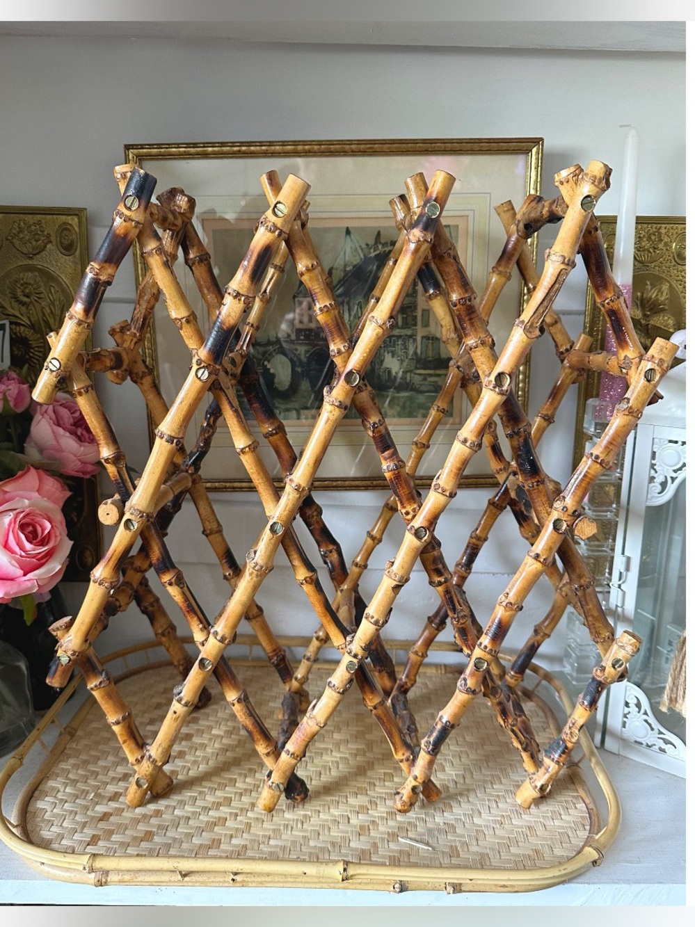 Vintage Mid Century Burnt Bamboo Collapsible Wine Rack Holds 11 MCM Tiki Bar Fun
